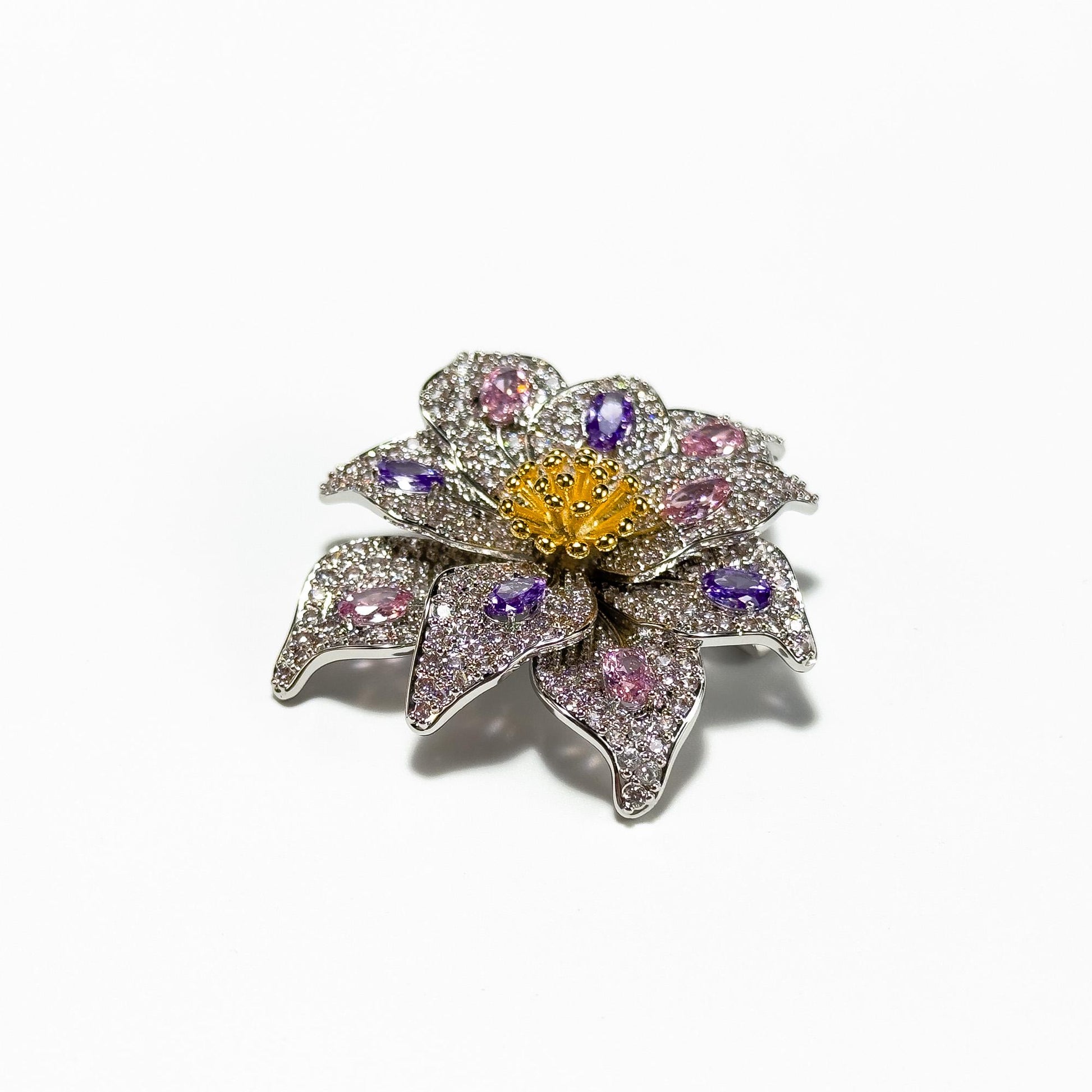 Silver Full-Diamond Flower Brooch