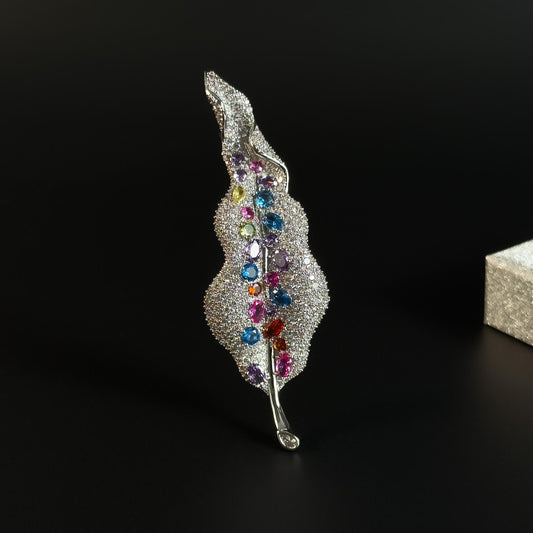 Silver-Based Rhinestone Leaf Brooch