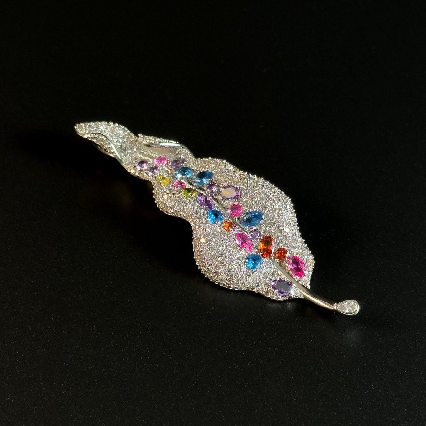 Silver-Based Rhinestone Leaf Brooch