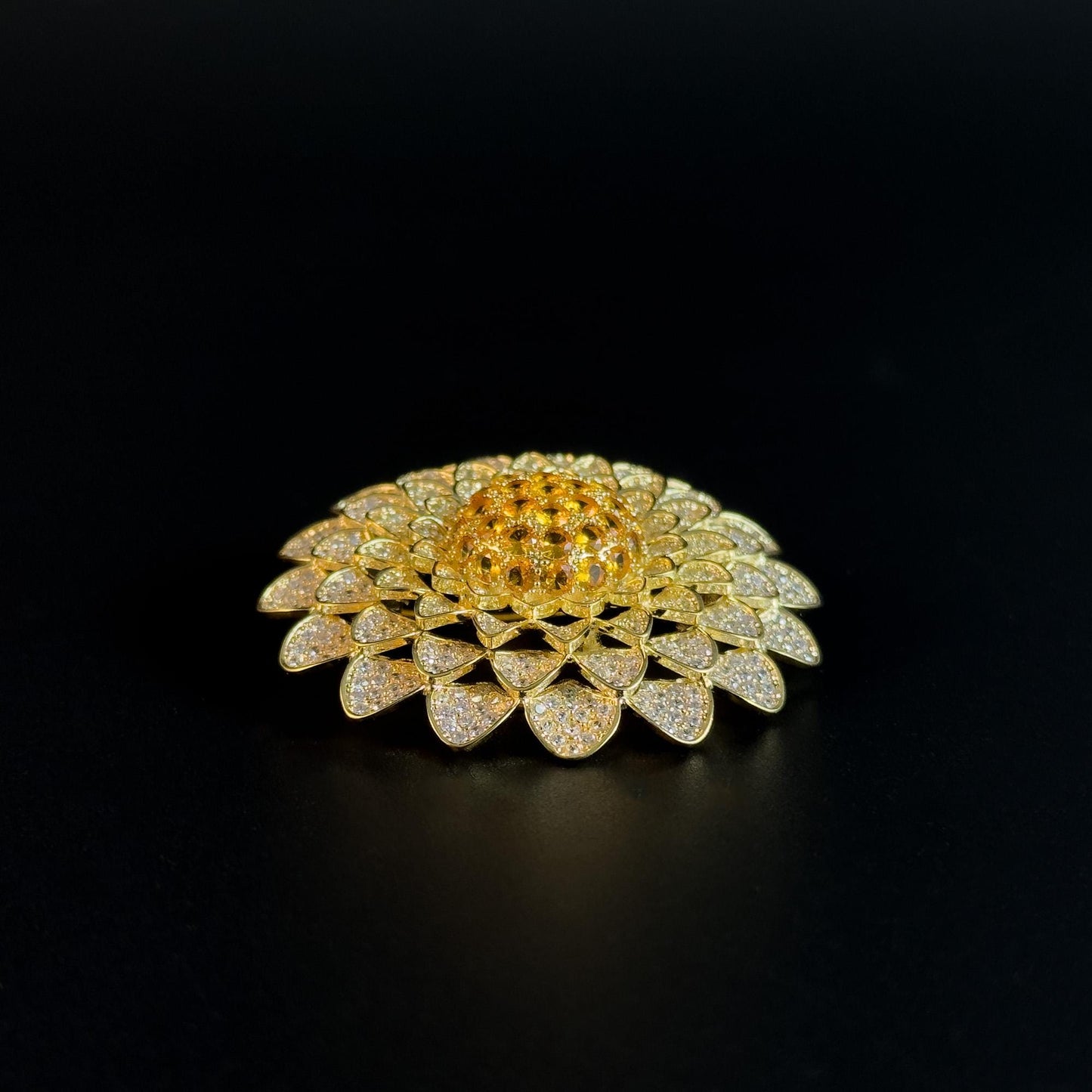 Sunflower-Shaped Brooch Adorned with Full Diamonds; a Versatile Everyday Brooch or Pin.