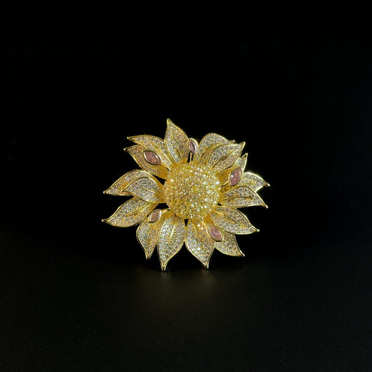 Sunflower-Shaped Brooch Adorned with Full Diamonds; a Versatile Everyday Brooch or Pin.