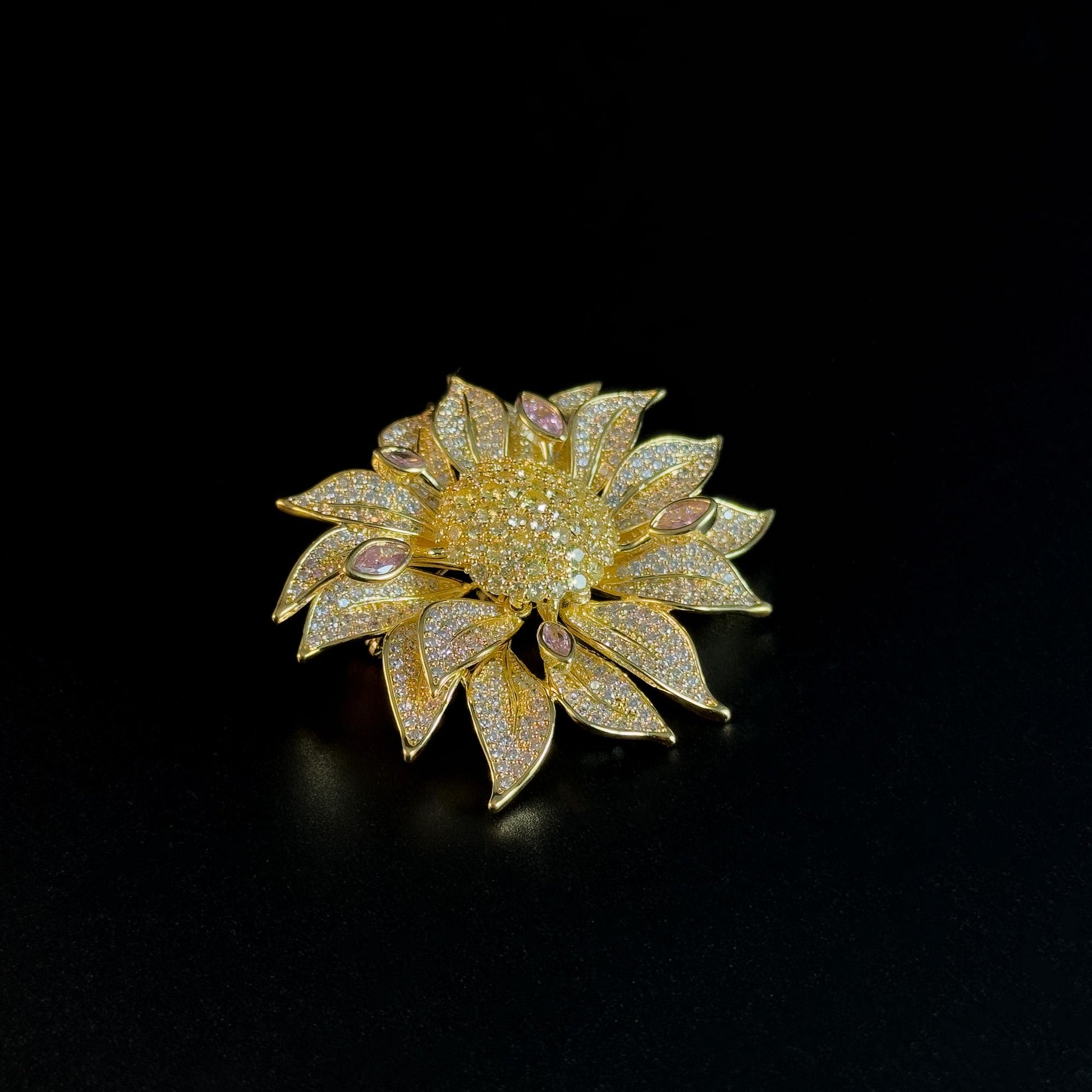 Sunflower-Shaped Brooch Adorned with Full Diamonds; a Versatile Everyday Brooch or Pin.
