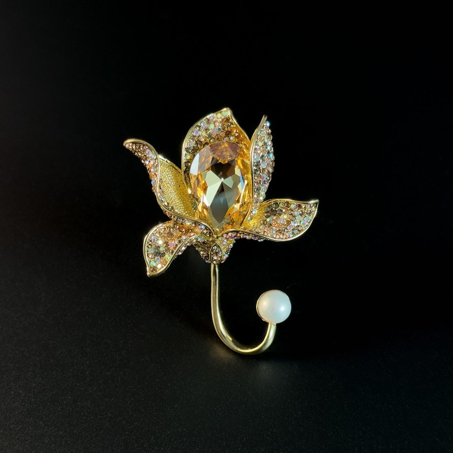 Golden Lotus Zirconia Brooch
