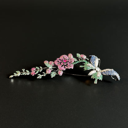 Rhinestone Butterfly and Floral Brooch