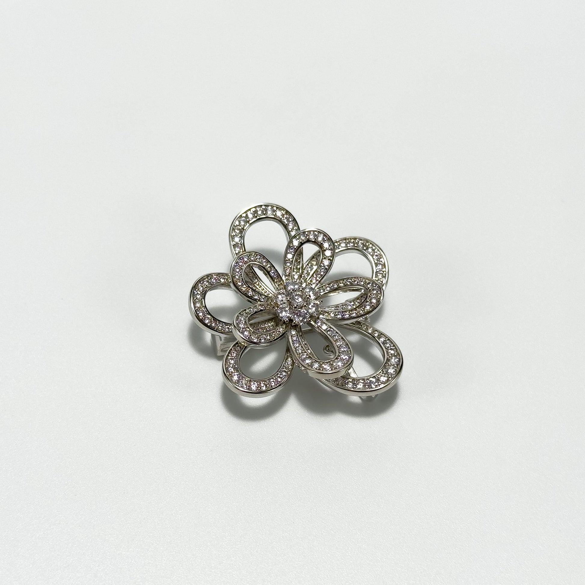 Silver Openwork Rhinestone Flower Brooch