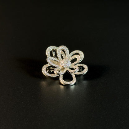 Silver Openwork Rhinestone Flower Brooch