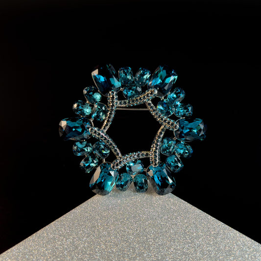 Blue Crystal Rhinestone Floral Wreath Brooch