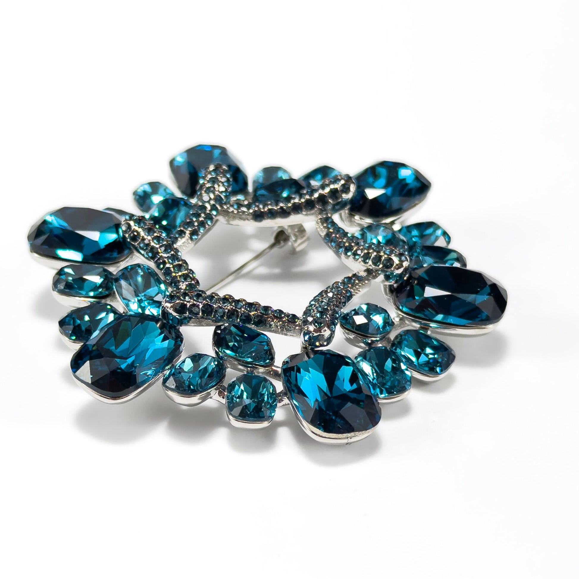 Blue Crystal Rhinestone Floral Wreath Brooch