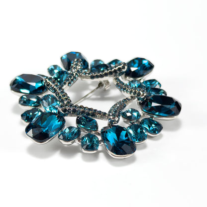 Blue Crystal Rhinestone Floral Wreath Brooch