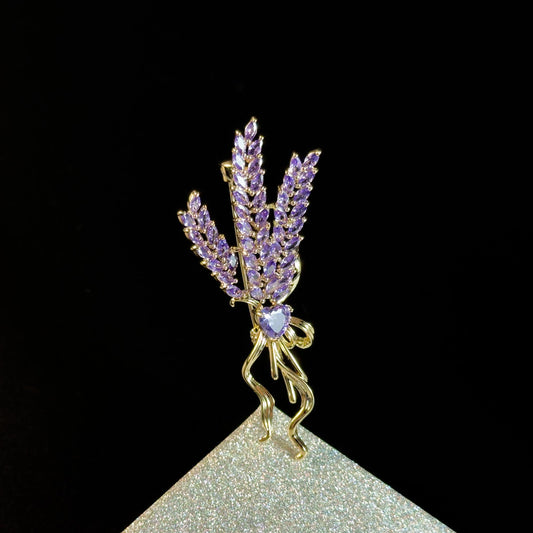 Gold Brooch Adorned with Rhinestones and Wheat Ears