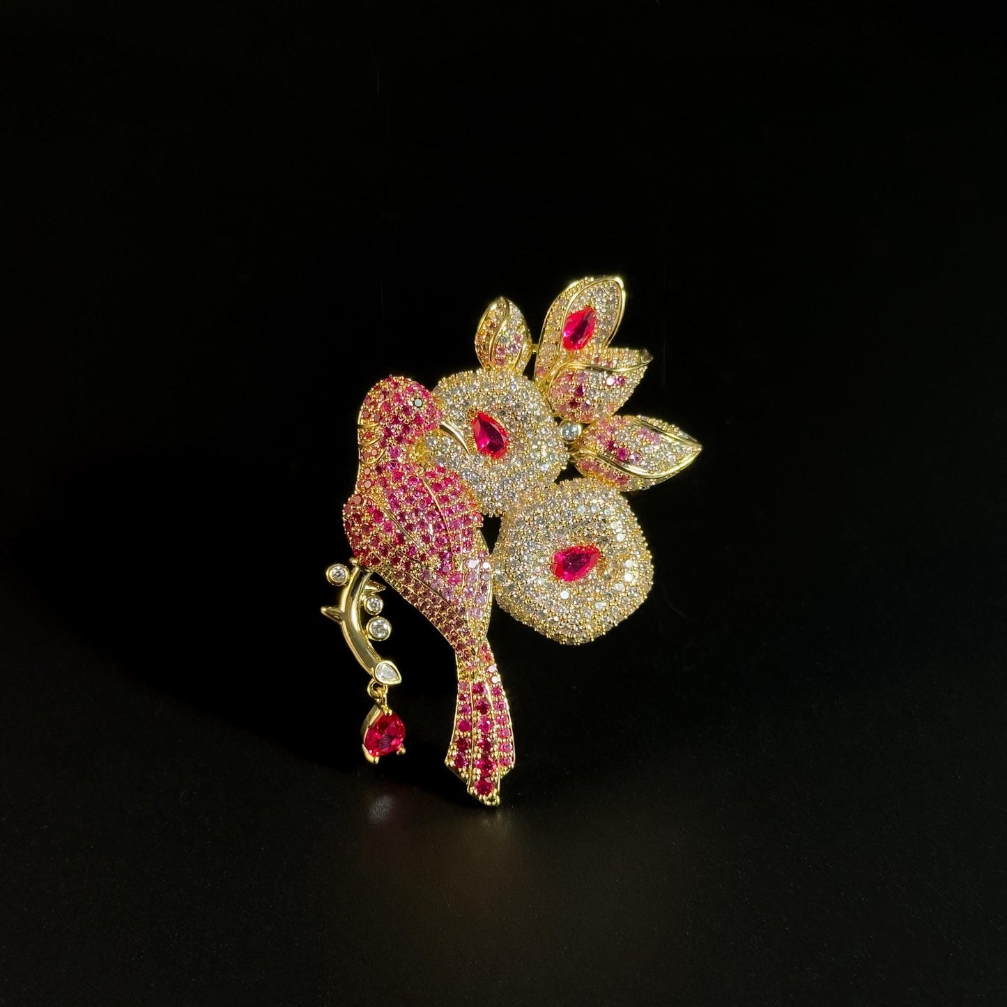 Heavy-Duty Rhinestone-Encrusted Bird and Flower Brooch