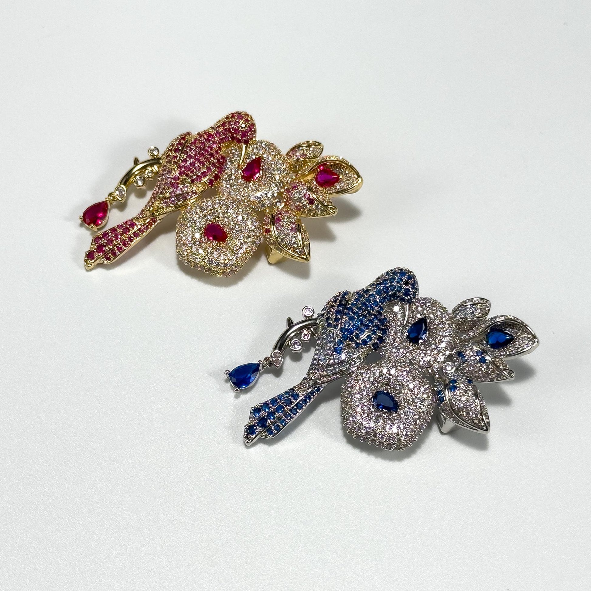 Heavy-Duty Rhinestone-Encrusted Bird and Flower Brooch