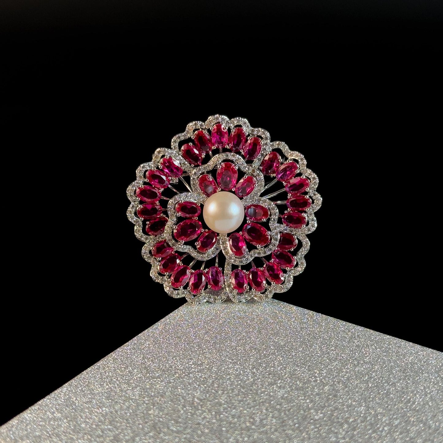 Red Zircon and Pearl Flower Brooch