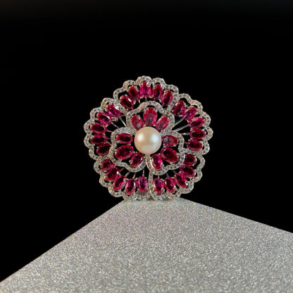 Red Zircon and Pearl Flower Brooch