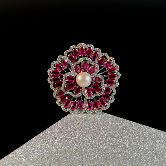 Red Zircon and Pearl Flower Brooch