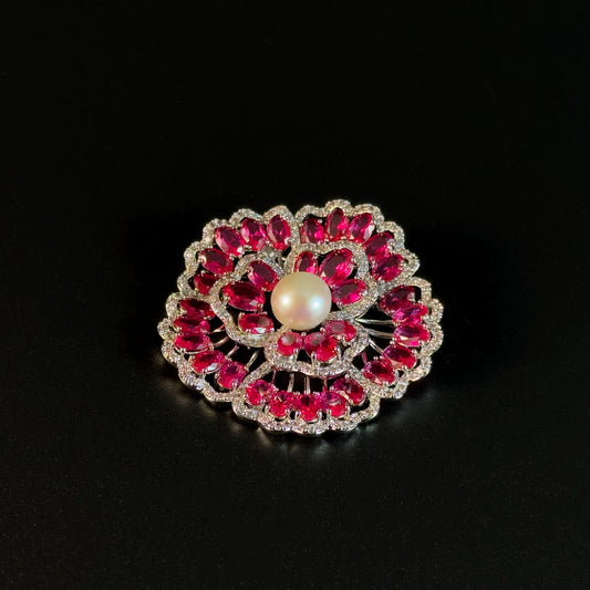 Red Zircon and Pearl Flower Brooch