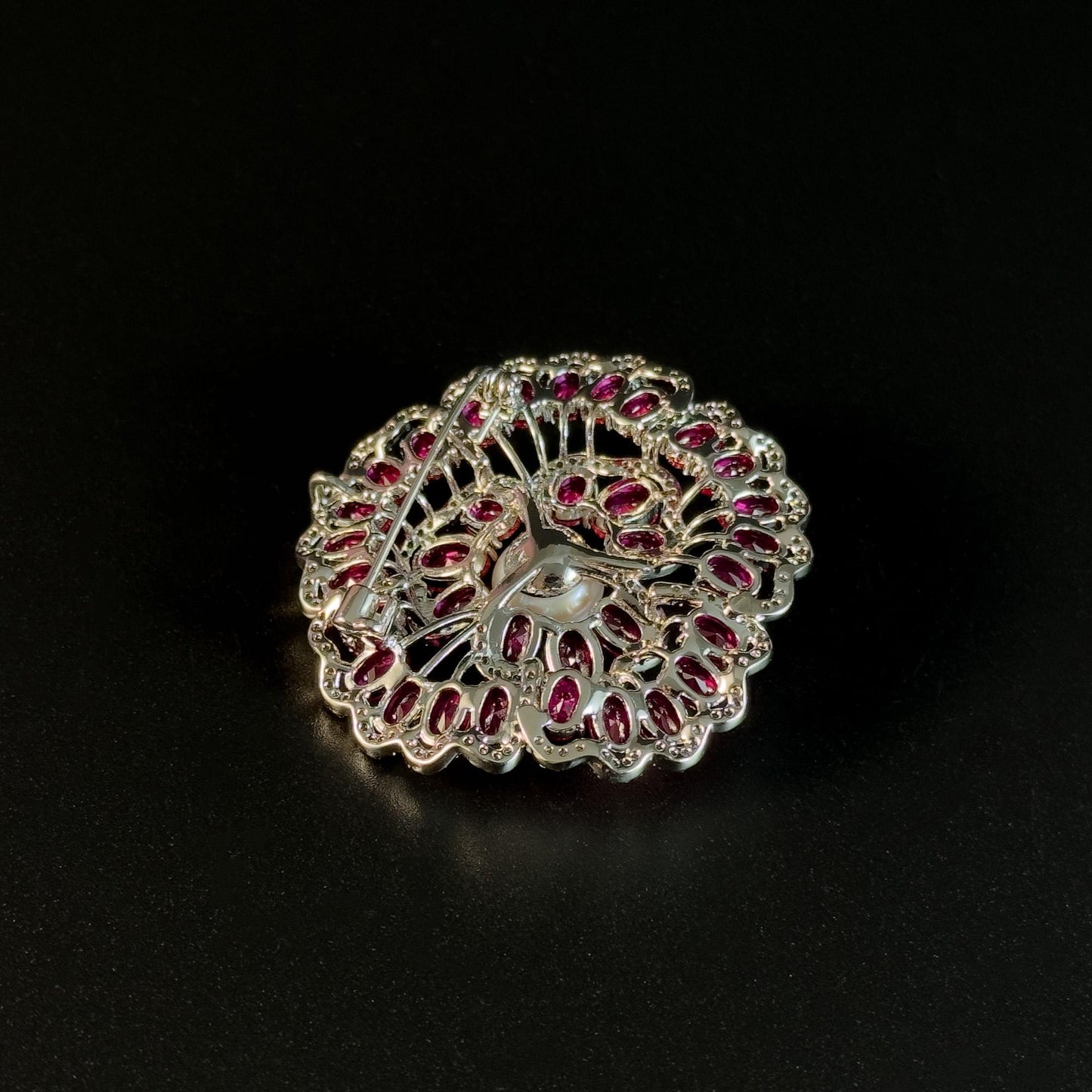 Red Zircon and Pearl Flower Brooch