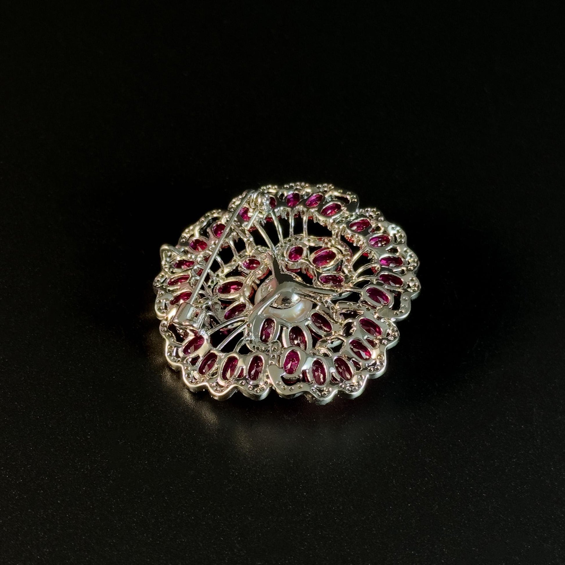 Red Zircon and Pearl Flower Brooch