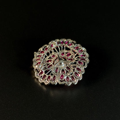 Red Zircon and Pearl Flower Brooch