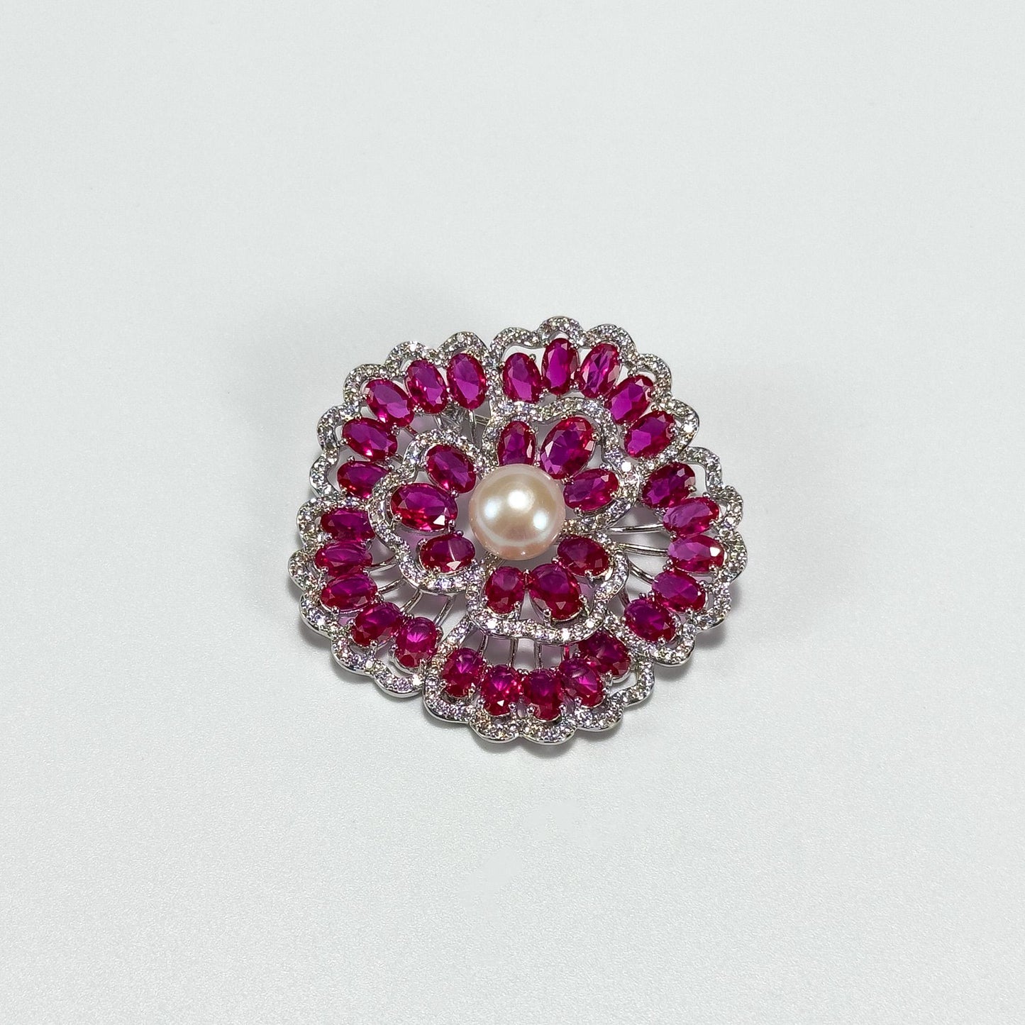 Red Zircon and Pearl Flower Brooch