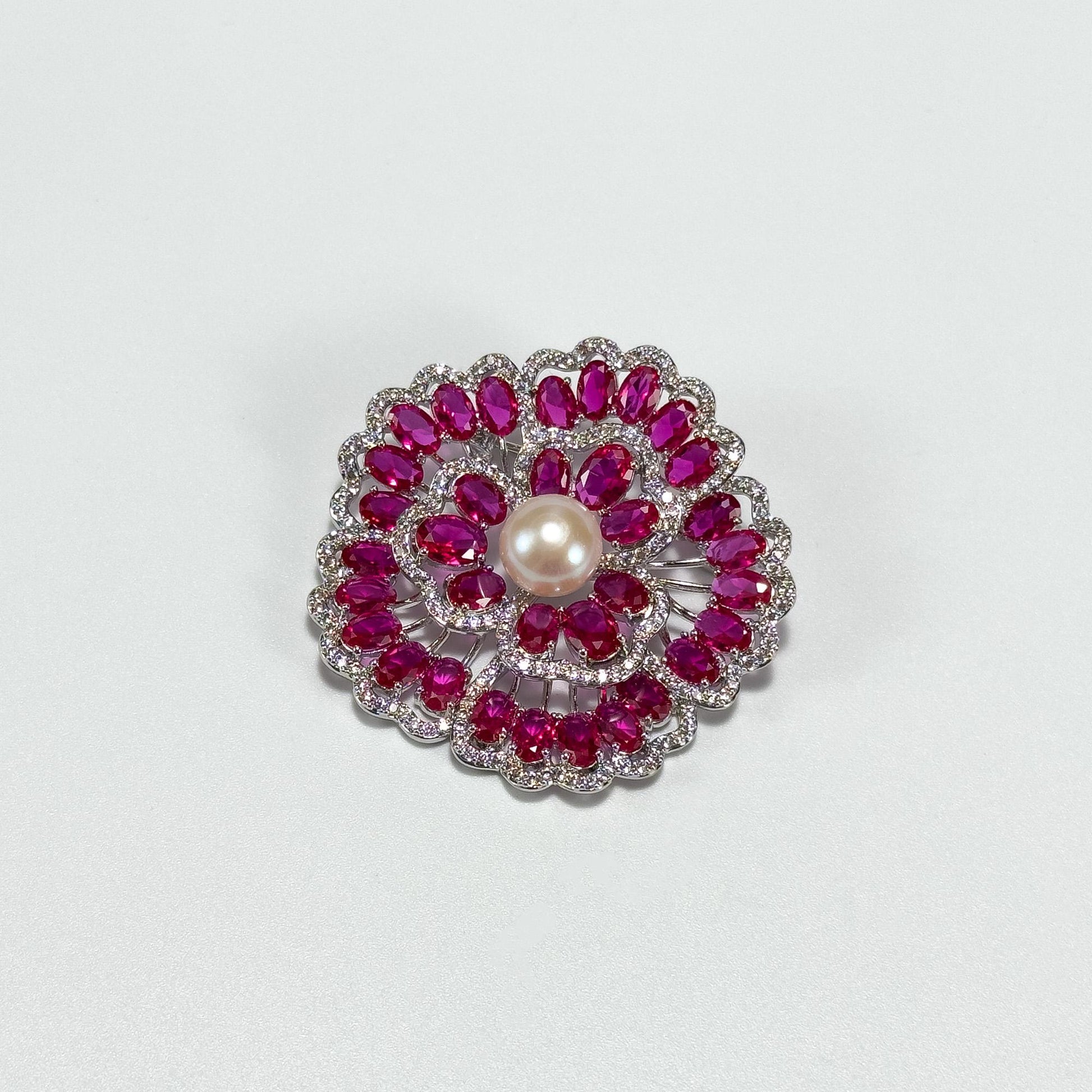 Red Zircon and Pearl Flower Brooch
