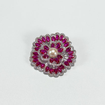 Red Zircon and Pearl Flower Brooch