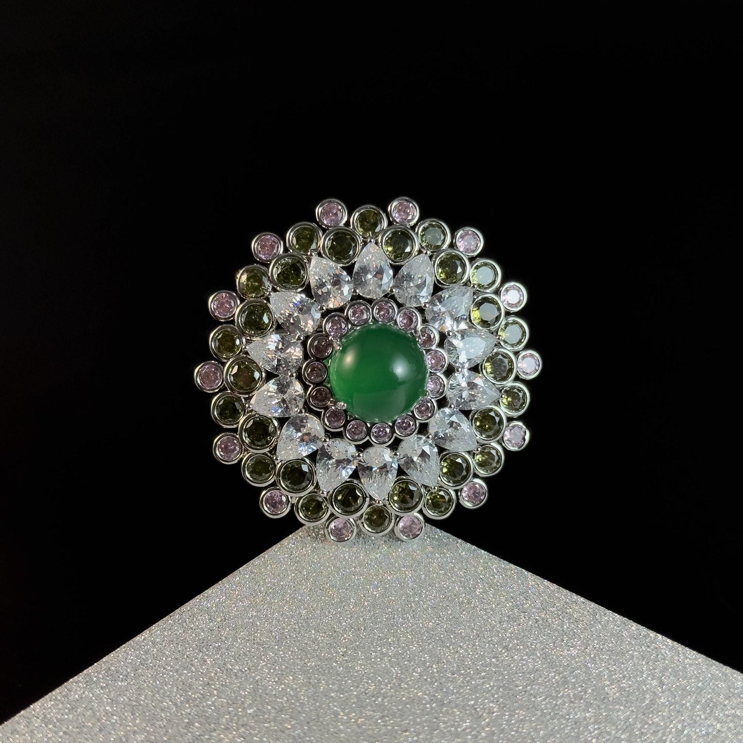 Emerald and Rhinestone Round Brooch