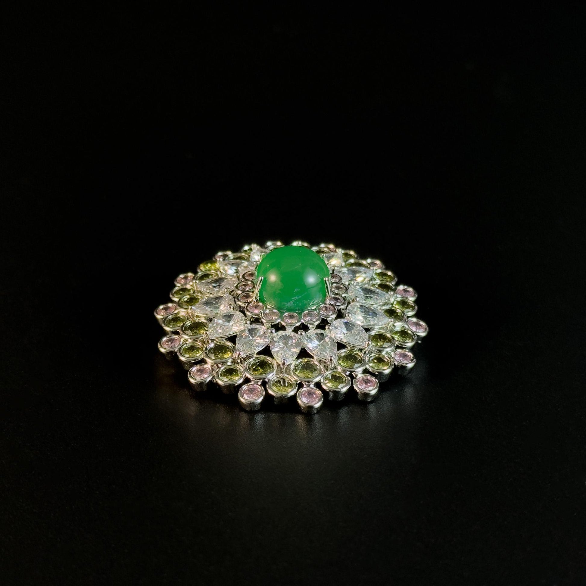 Emerald and Rhinestone Round Brooch