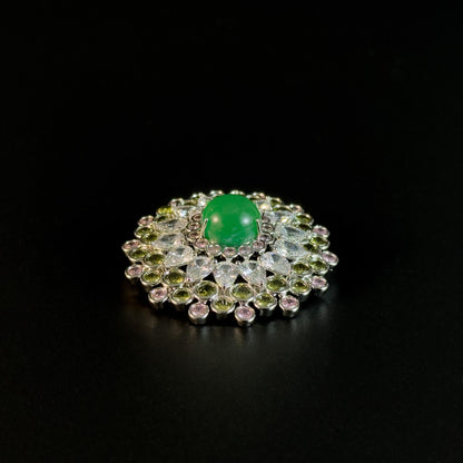 Emerald and Rhinestone Round Brooch