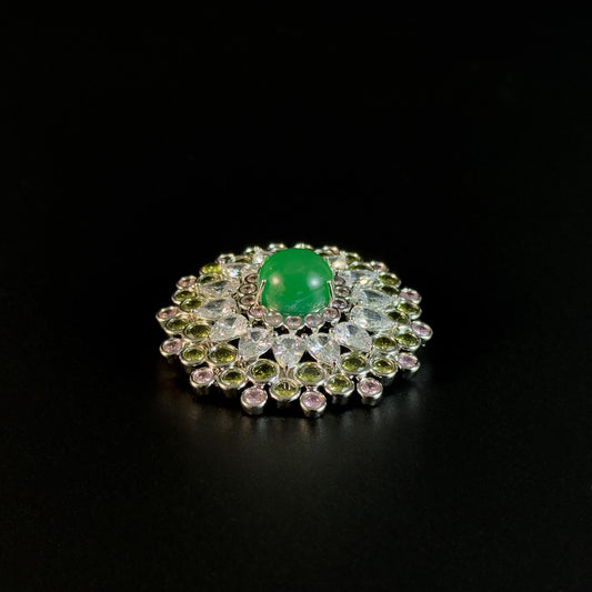 Emerald and Rhinestone Round Brooch