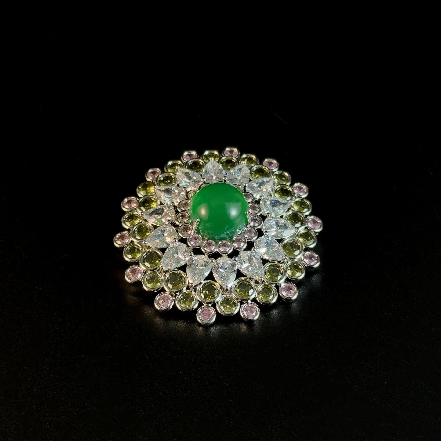 Emerald and Rhinestone Round Brooch