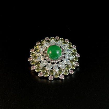 Emerald and Rhinestone Round Brooch