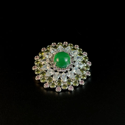 Emerald and Rhinestone Round Brooch