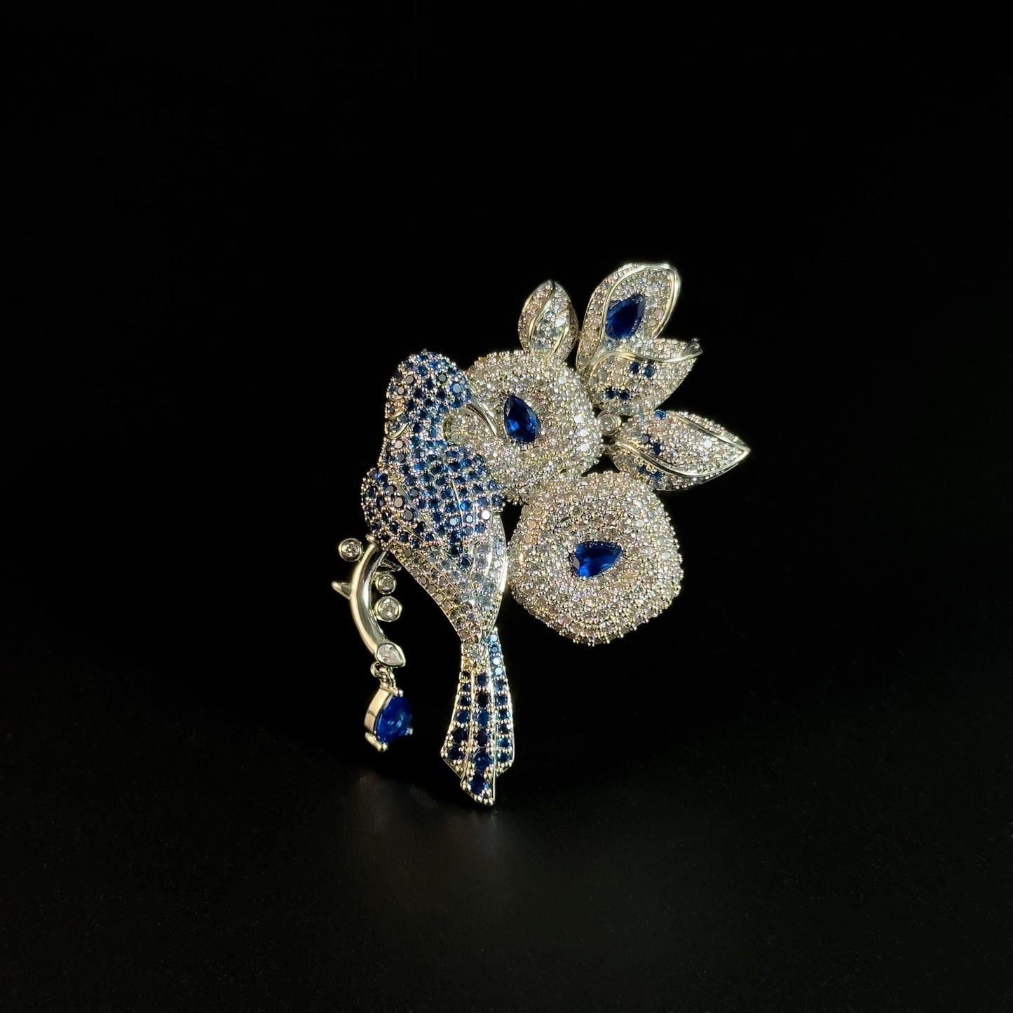 Heavy-Duty Rhinestone-Encrusted Bird and Flower Brooch