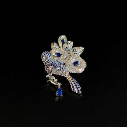 Heavy-Duty Rhinestone-Encrusted Bird and Flower Brooch