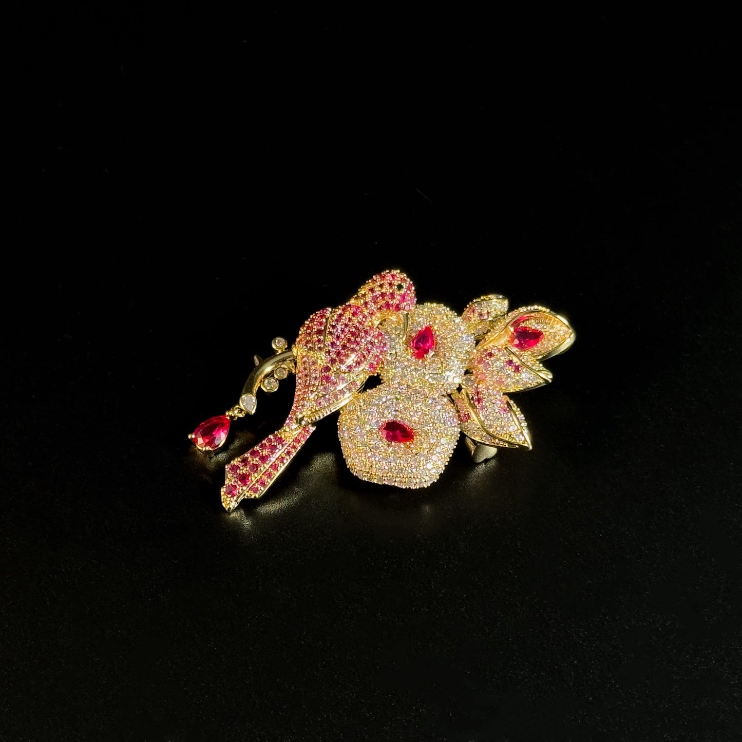 Heavy-Duty Rhinestone-Encrusted Bird and Flower Brooch