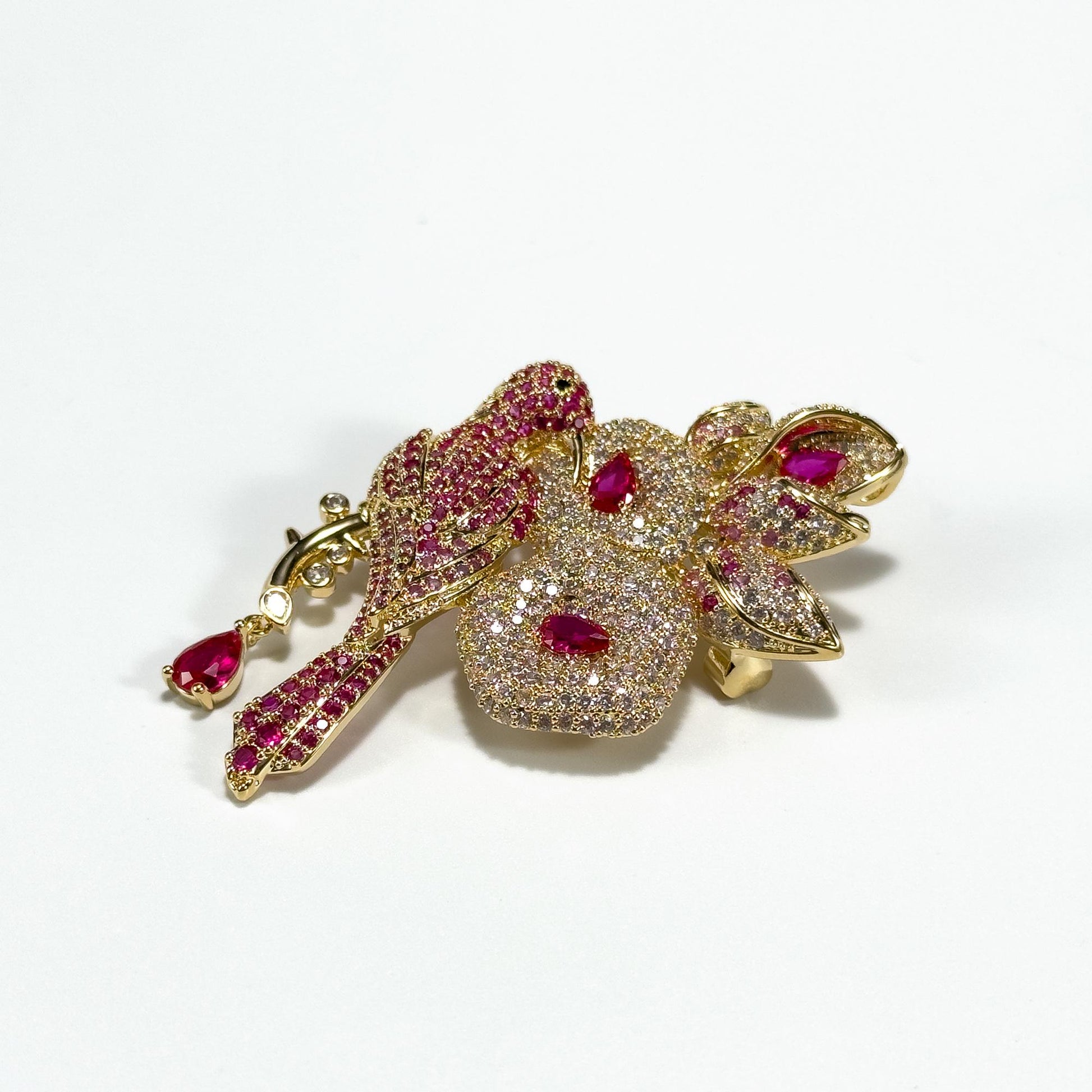 Heavy-Duty Rhinestone-Encrusted Bird and Flower Brooch