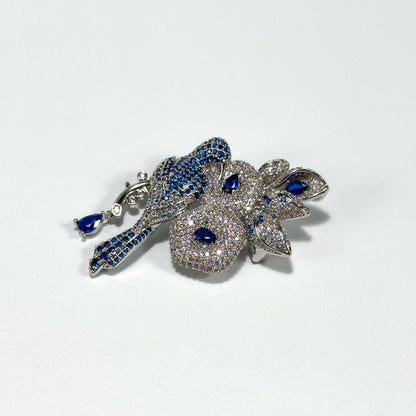 Heavy-Duty Rhinestone-Encrusted Bird and Flower Brooch