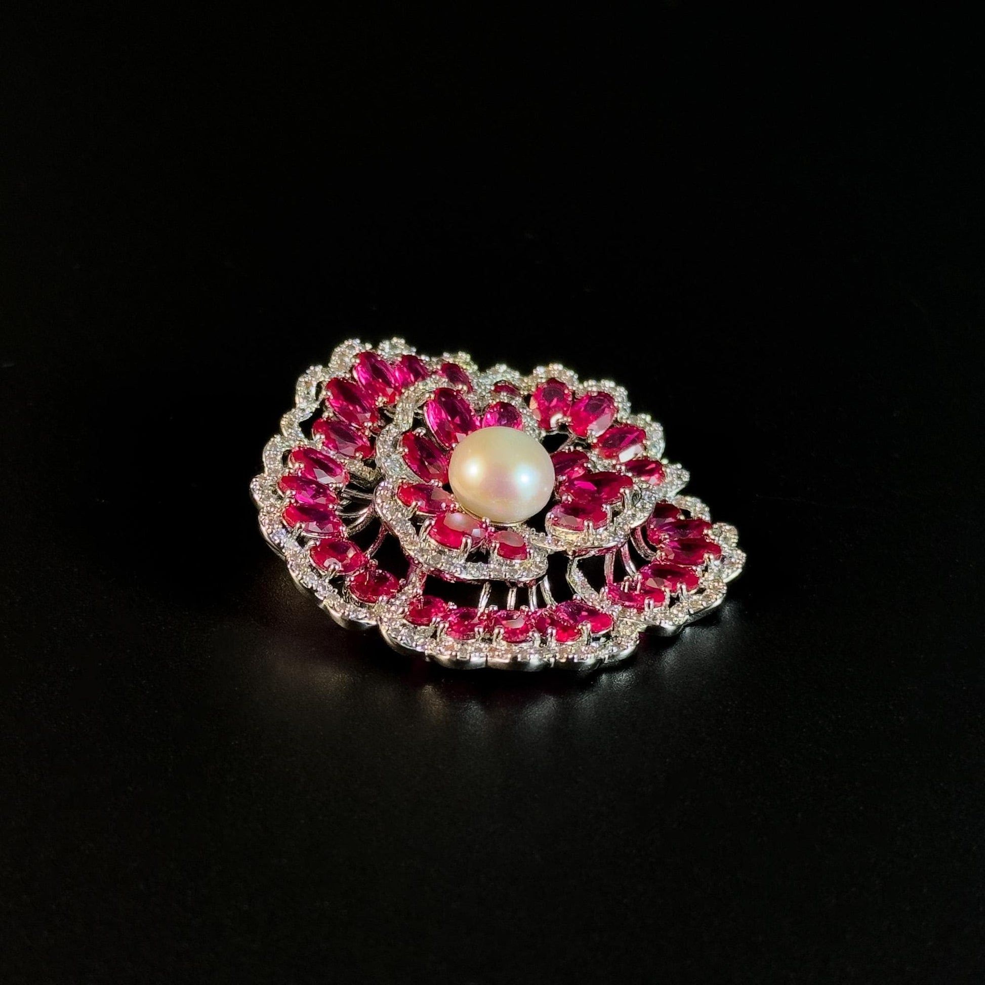 Red Zircon and Pearl Flower Brooch