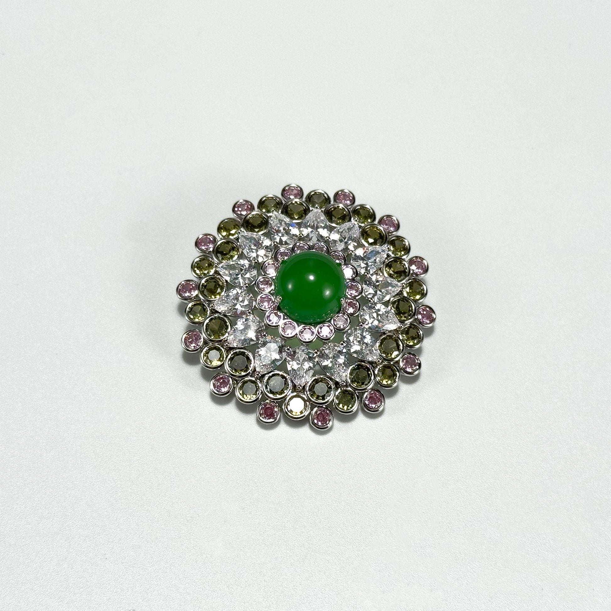 Emerald and Rhinestone Round Brooch