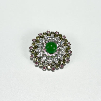Emerald and Rhinestone Round Brooch