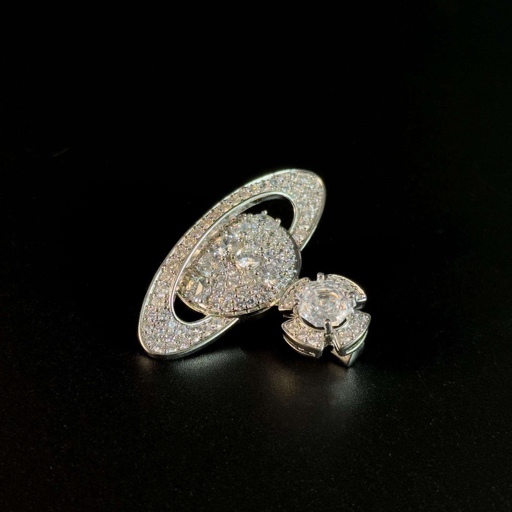 Silver Full-Diamond Planet-Shaped Brooch
