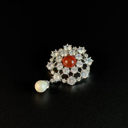 Ruby Pearl Snowflake Brooch Pendant