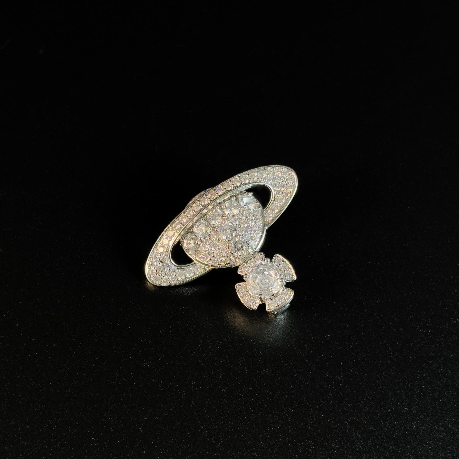 Silver Full-Diamond Planet-Shaped Brooch