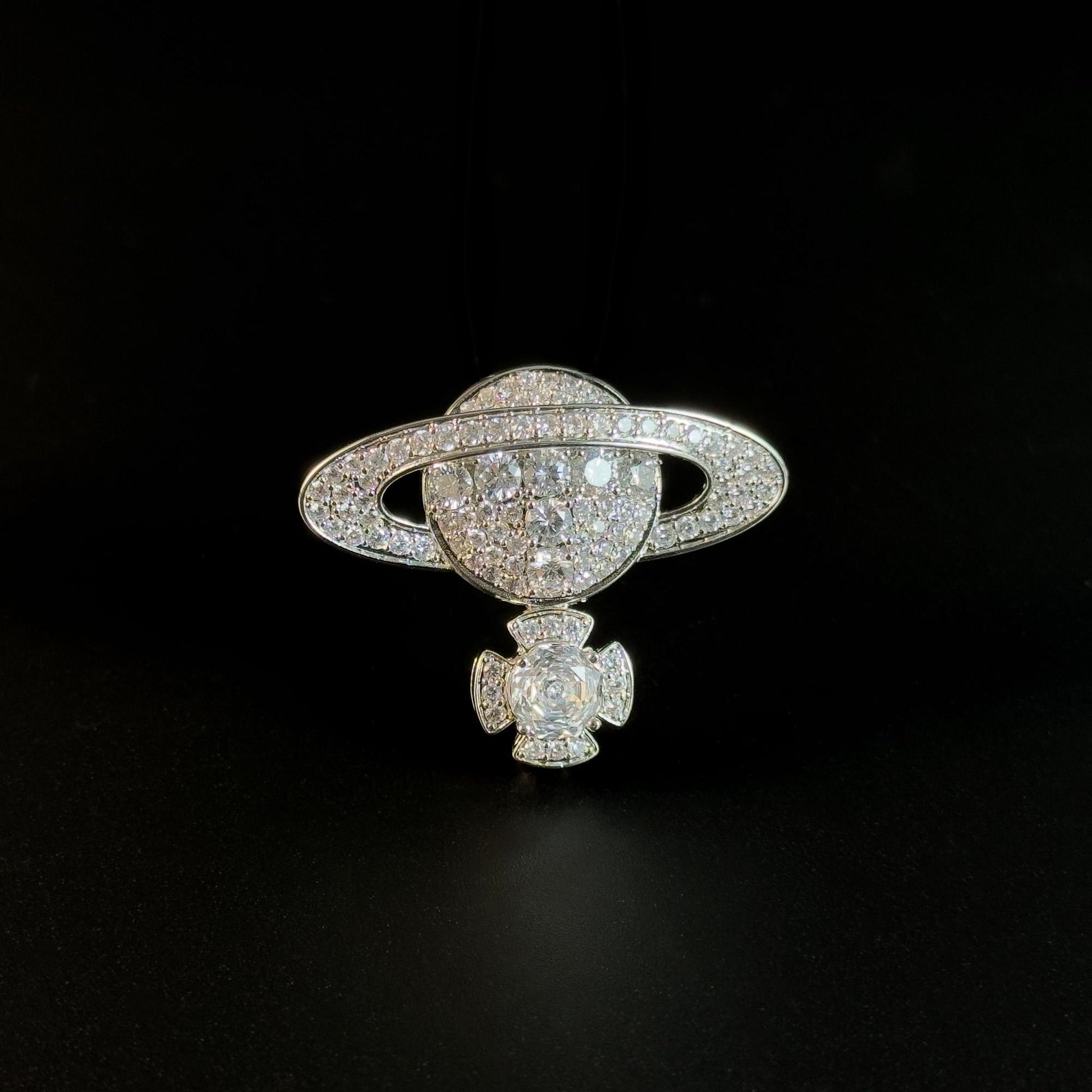 Silver Full-Diamond Planet-Shaped Brooch
