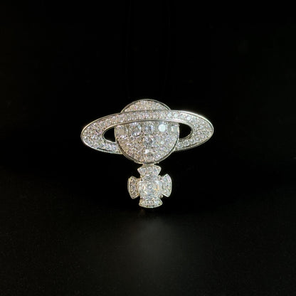Silver Full-Diamond Planet-Shaped Brooch