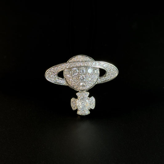 Silver Full-Diamond Planet-Shaped Brooch