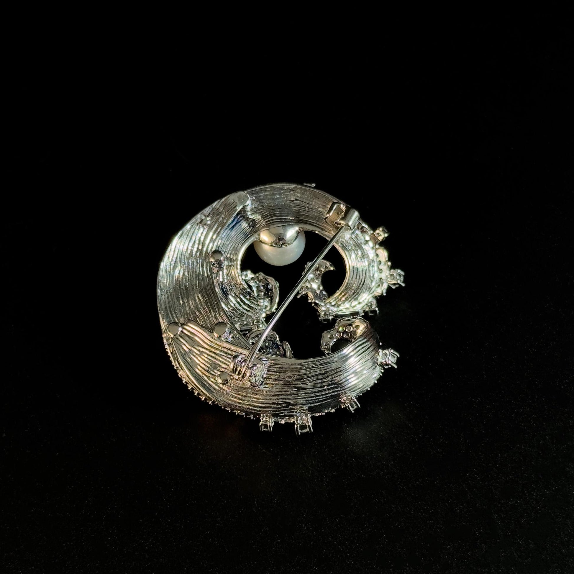 Blue Enamel Wave and Pearl Brooch