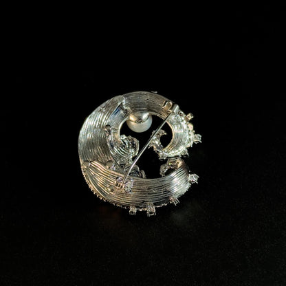 Blue Enamel Wave and Pearl Brooch