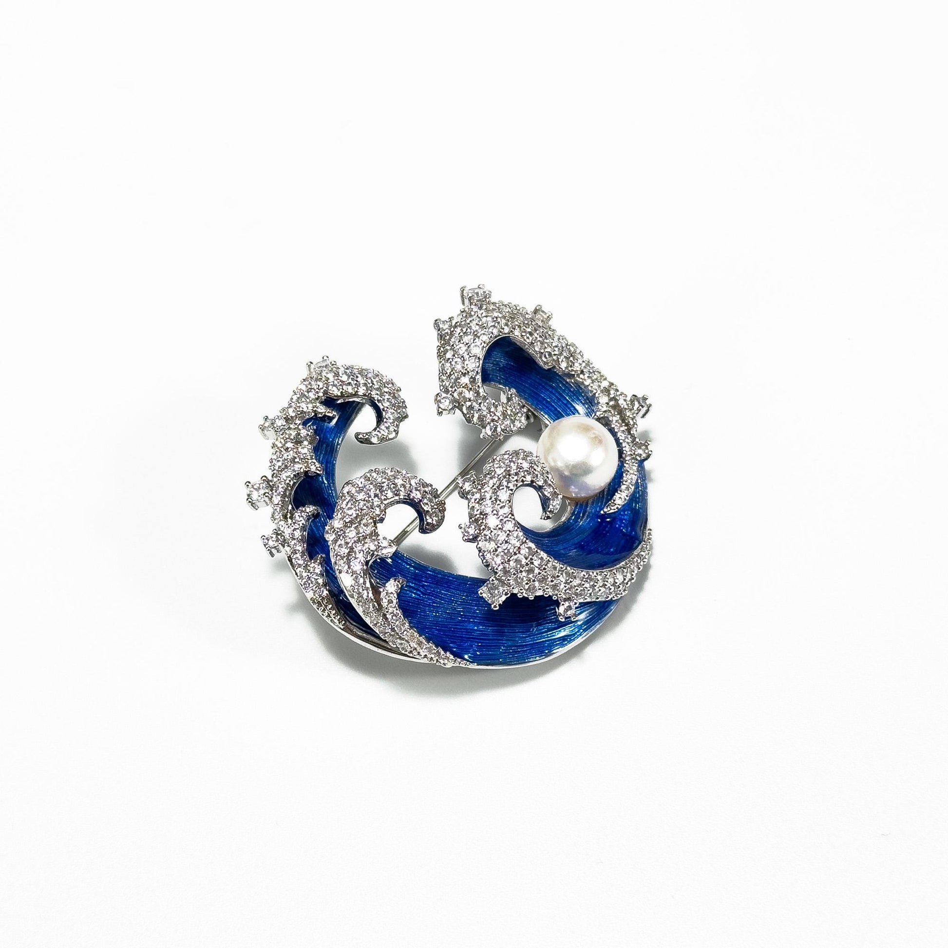 Blue Enamel Wave and Pearl Brooch